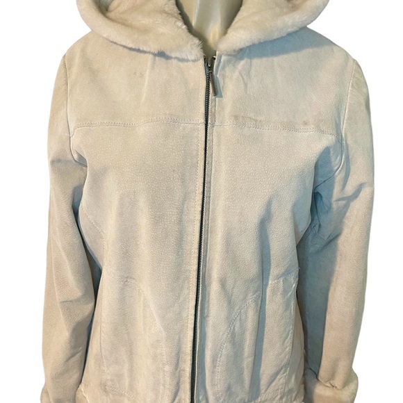 Boston Harbour Genuine Leather Coat Size Large Color Cream with Hood - Picture 2 of 8